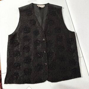 Bechamel Vtg Black Lace‎ Vest Sz L Beaded Flowers Dark Cottagecore Boho Evening